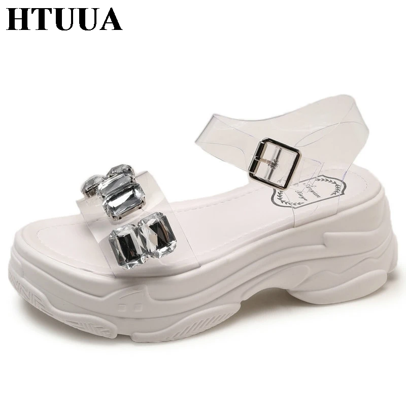 

HTUUA Fashion Crystal Transparent Sandals Women Summer Sneakers Casual Wedge Platform Sandals Ladies Thick Heel Shoes SX2213