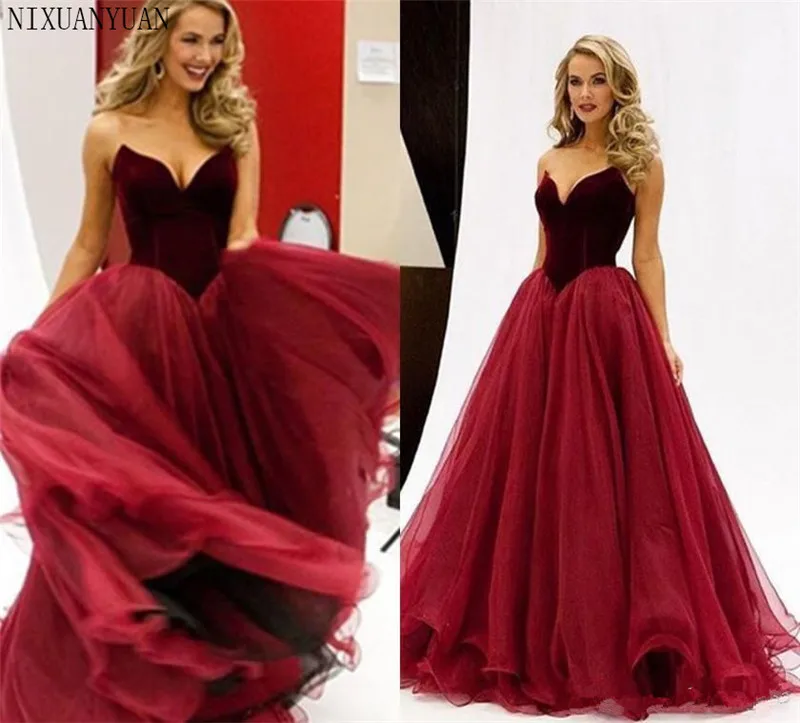 

Burgundy 2019 Prom Dresses A-line V-neck Organza Velvet Plus Size Elegant Long Prom Gown Evening Dresses Robe De Soiree