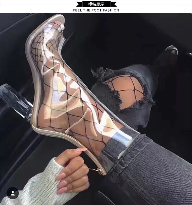 

Silla Rulers transparent TPU Post zipper crystal peep toe high heel women's boots Coarse heel ankle boots women summer shoes