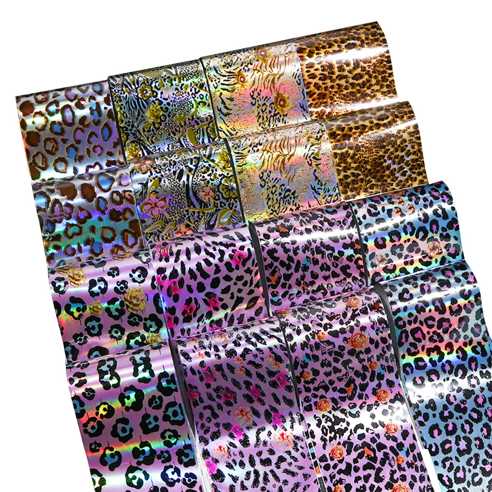16 шт смешанных цветов, леопардовые наклейки для нейл-арта, переводные наклейки из фольги, набор голографических розовых и голубых наклеек для ногтей с леопардовым узором, слайдер LA936