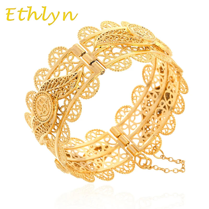 Ethlyn Big Hexagram & Hamsa Bangle for Women Wide Bracelet Gold Color