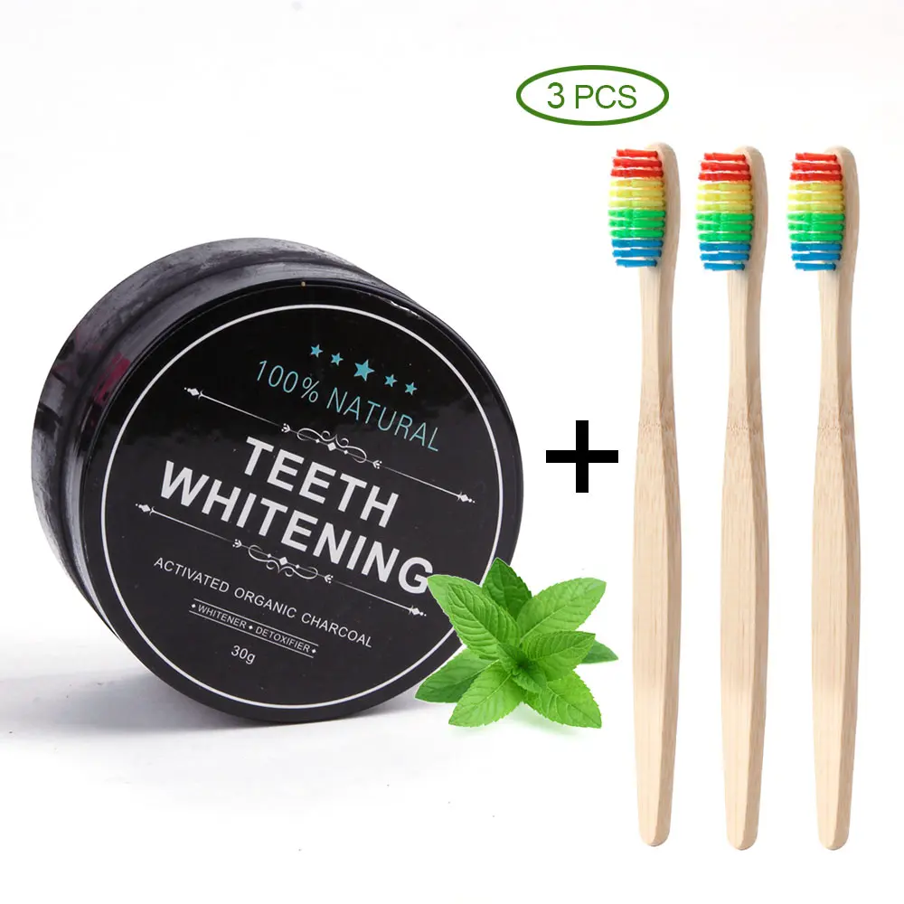 Экологичный порошок для отбеливания зубов с древесным углем+ бамбуковая зубная щетка для отбеливания зубов Зубная древесная пудра деревянная зубная щетка Oral C - Цвет: Rainbow Set