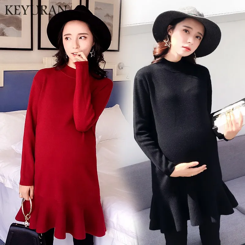 High Neck Knitted Cotton Maternity sweater Dress Autumn Fashion Long