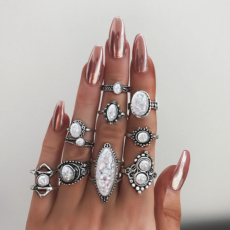 

Vintage Big Natural Opal Stone Knuckle Shield Rings Set For Women Bohemian Antique Silver Color Rings Fashion Jewelry Gifts