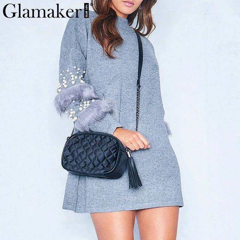 Glamaker Pompom fur pearl knitted long jumper Women grey turtleneck summer sweater Female loose spring pullover pull femme 2018 Glamaker Pompom fur pearl knitted long jumper Women grey turtleneck summer sweater Female loose spring pullover pull femme 2018