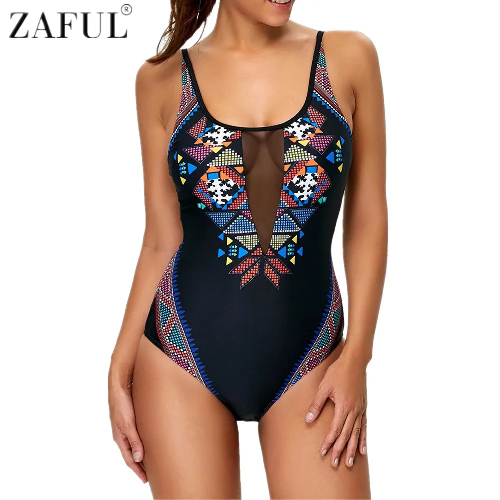 

Zaful 2017 New Sexy Women One Piece Swimwear Geometric Pattern High Cut Swimsuit Mesh Patchwork Monokini Bathing Suit Bodysuit