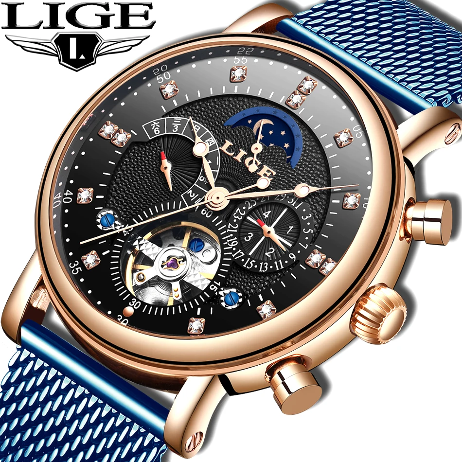 

2019 LIGE business watch men Automatic Luminous clock men Tourbillon waterproof Mechanical watch top brand relogio masculino