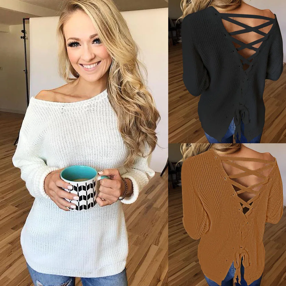 2019 Knitted Sweater Women V Neck Fashion Long Sleeve Pullover Sexy Female Backless Autumn Daily Casual | Женская одежда