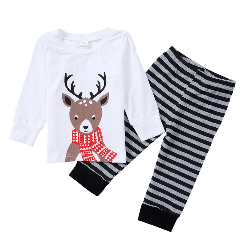 Baby Boys Girls New Years Clothing Sets Reindeer White Tops Striped Pants Newborn Baby Christmas Clothing Sets For 0-24M CS24