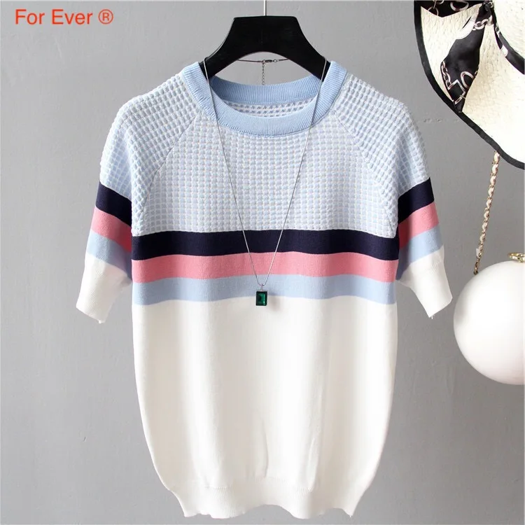 

2019 Women Patchwork Summer Cotton Knitted Top hound-tooth check with contrast color O-Neck soft Touch high quality