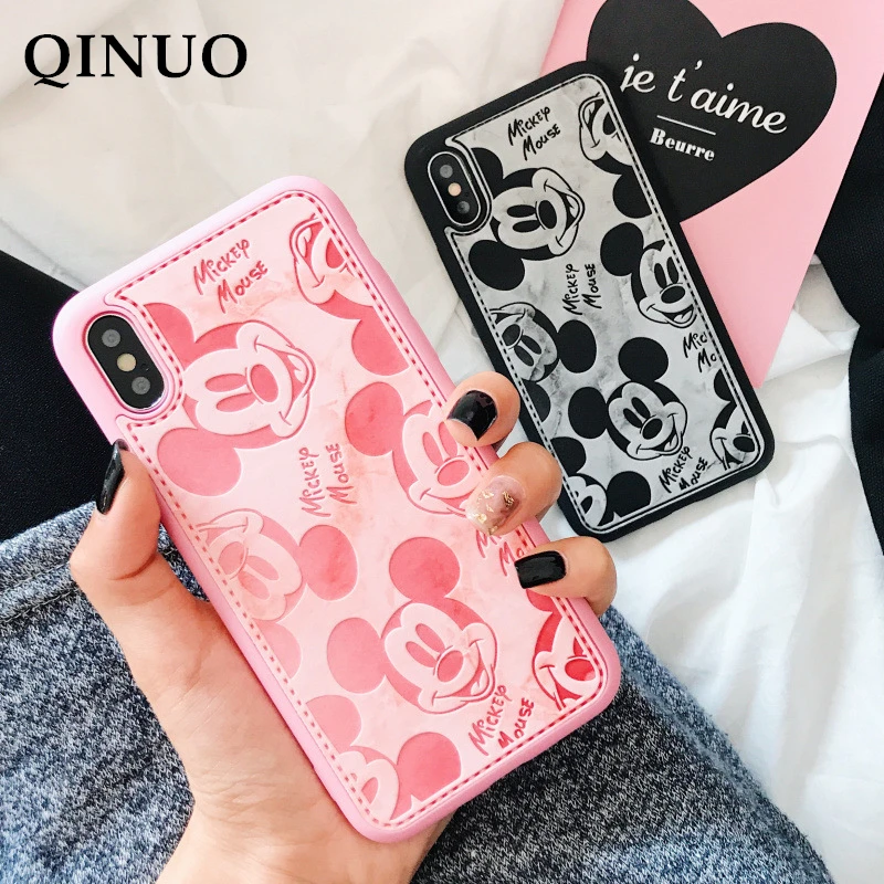 

3D Embossing Mickey Minnie Mouse Leather Case For iPhone 8 7 6 6S Plus X XR XS Max Cartoon Disneys Painting Soft Cover