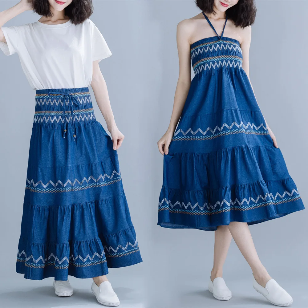 

2019 Summer Woman High Waist Vintage Blue Skirt Geometric Print Embroidered Drawstring Long A Line Skirt Slim Fit Holidays Skirt