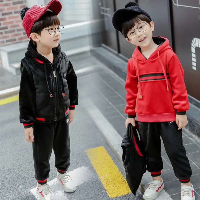 

Pure Color Baby Hoodie Set Children's Hoodies 3 Pcs Suit Winter Jacket Suit Girl Plus Velvet Thickening Kid Vest Free Shipping
