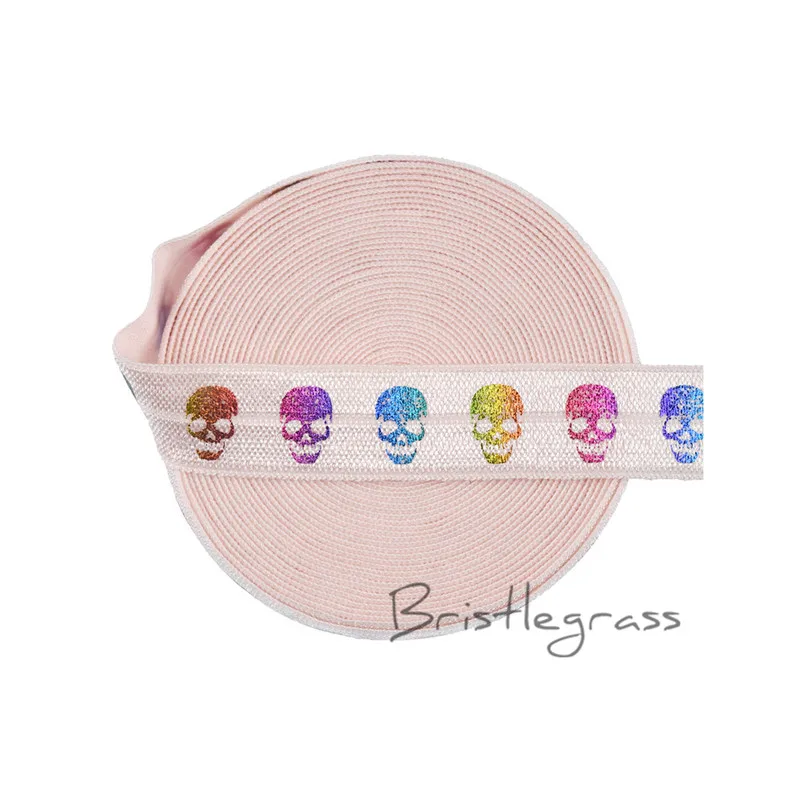 

BRISTLEGRASS 5 Yard 5/8" 1.5cm Rainbow Skull Print FOE Light Pink Foldover Elastic Satin Band Kid Headband Hair Tie Dress Sewing