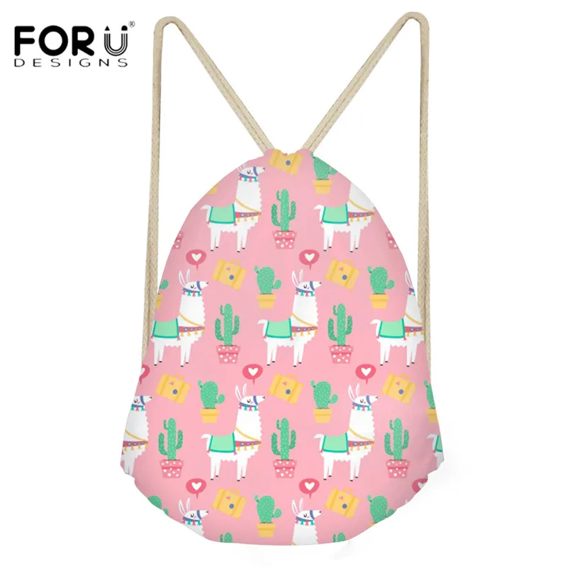 FORUDESIGNS Women Pink Drawstring Bags Cartoon Alpaca Pattern Cute