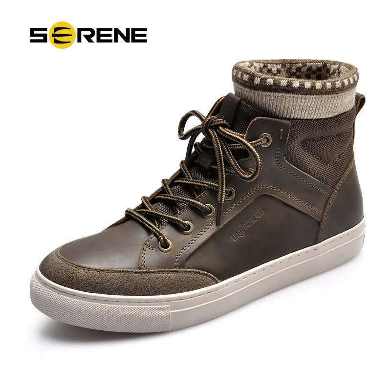

SERENE Handmade Winter Warm Socks Boots Leather Lace-Up Fashion Ankle Men Shoes Retro Tooling British Snow Fur Male Footwear