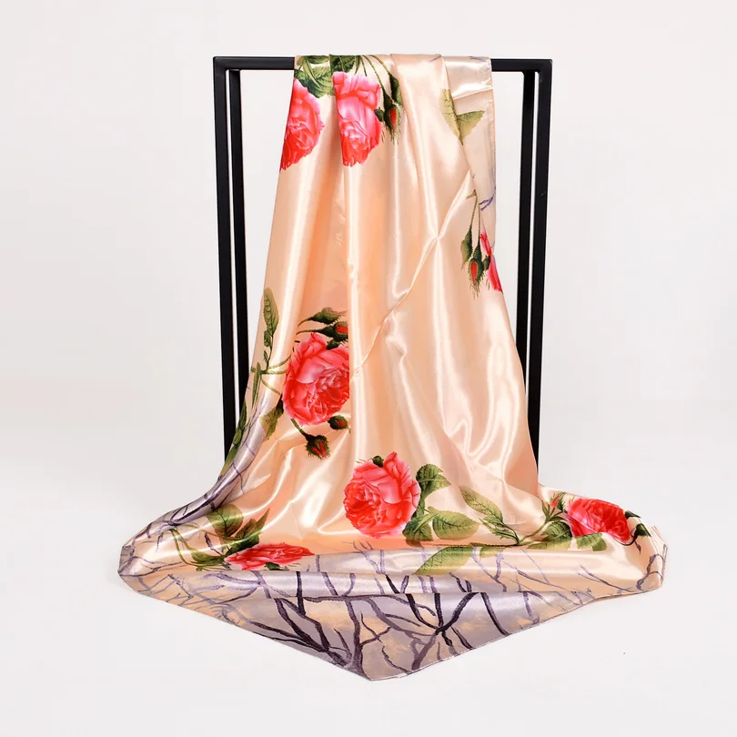 rose beige Элегантный женский большой квадратный шелковый шарф с принтом, 90*90 см, модный весенний и осенний серый и фиолетовый Шелковый шарф из полиэстера, шаль - Цвет: rose beige
