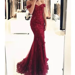 Off Shoulder Formal Burgundy Gowns 2020 Lace Appliques Beaded Mermaid Long Emerald Green Tulle Robe De Soiree Bridesmaid Dresses Off Shoulder Formal Burgundy Gowns 2020 Lace Appliques Beaded Mermaid Long Emerald Green Tulle Robe De Soiree Bridesmaid Dresses