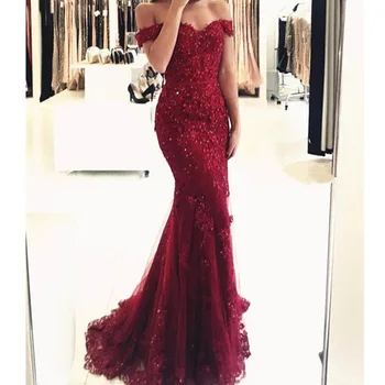 

Off Shoulder Formal Burgundy Gowns 2020 Lace Appliques Beaded Mermaid Long Emerald Green Tulle Robe De Soiree Bridesmaid Dresses