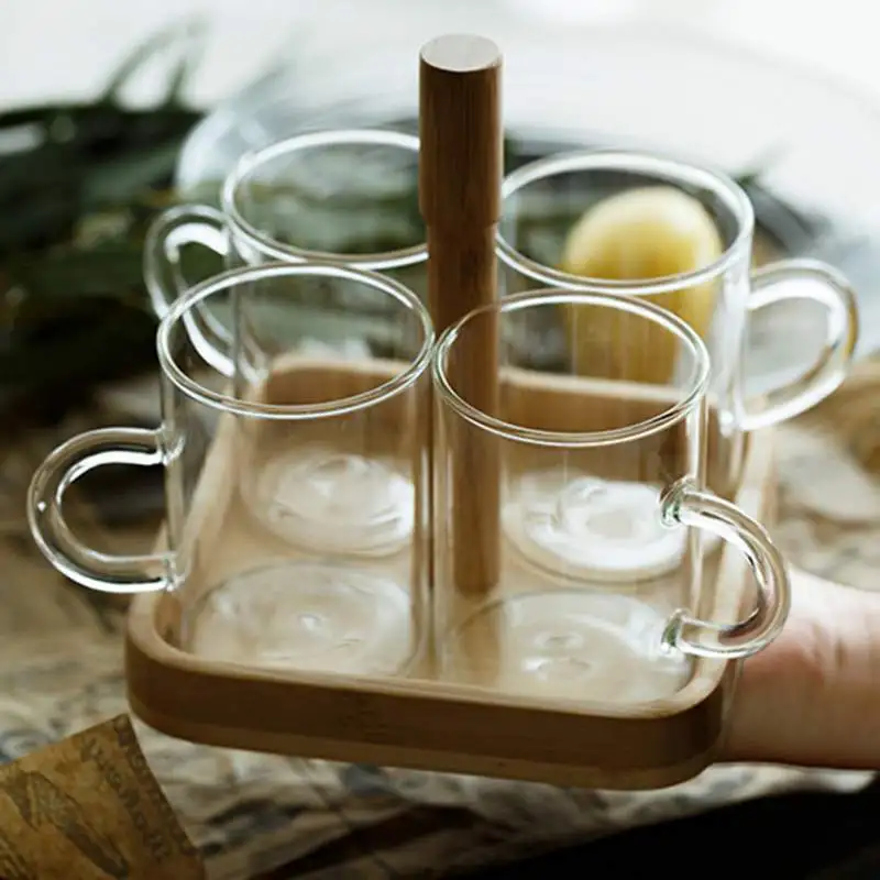 

4 Pcs Glass Cup Set With Bamboo Cup Tray Holder Simple Transparent For Tea Juice Water Cup For Gift Household Supplies