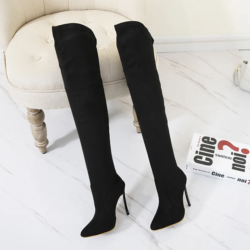 

Solid Pointed Toe High Over-the-Knee Long Boots for Women Flock Thin Heels Autumn Winter Boots Elastic Band Shoes