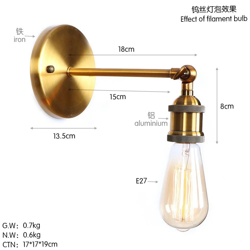 Скандинавское Золотое настенное бра, промышленный светодиодный настенный светильник, винтажный светильник, лофт, E27 лампа, железный Ретро домашний декоративный светильник, светильники