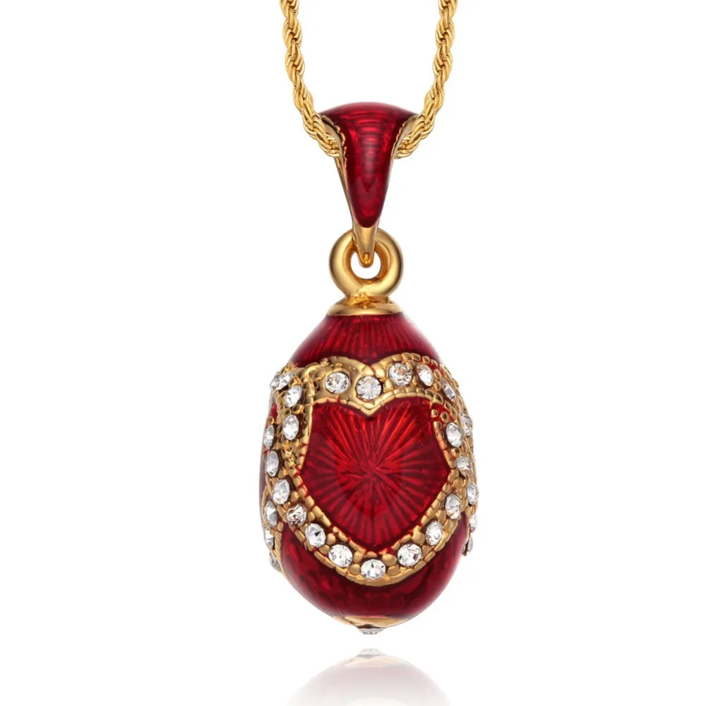 YAFFIL Heart Brass Vintage Egg Pendant Women Charm Crystal Rhinestone Necklace Luxury Enamel