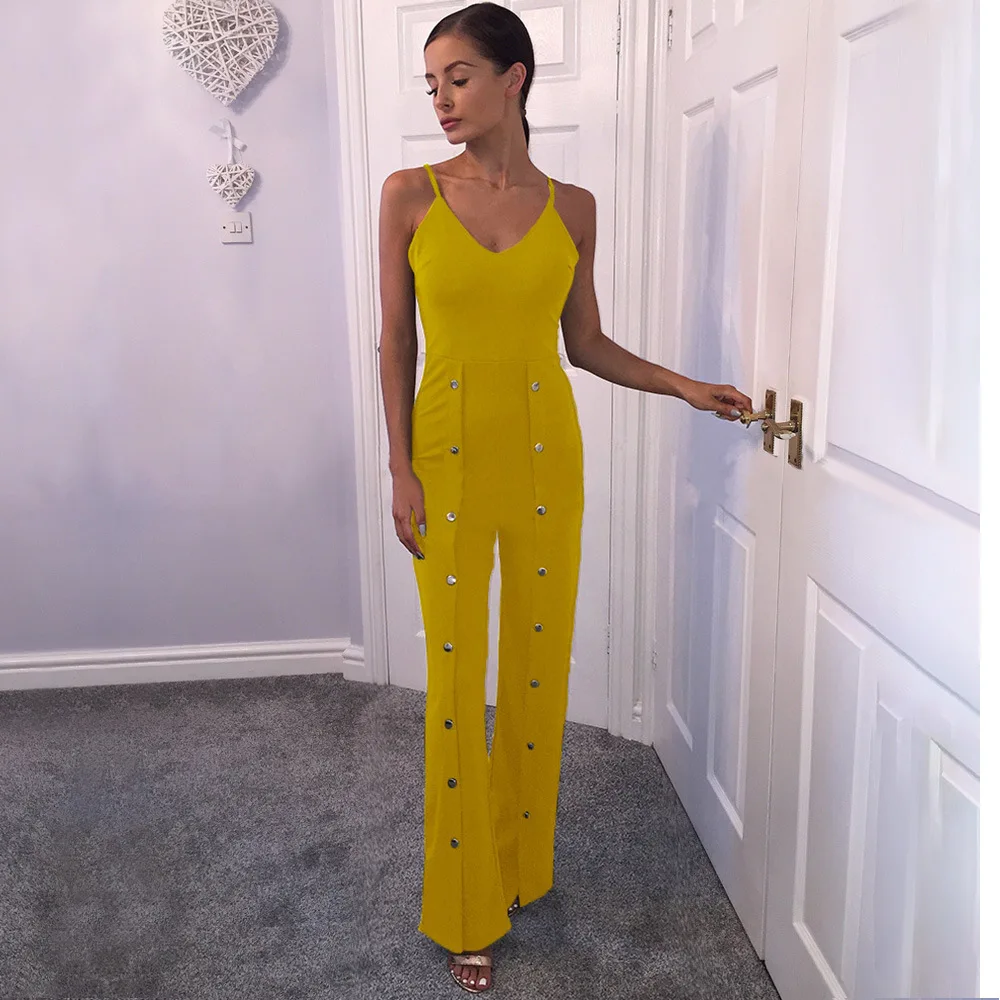 Button High Slit Elegant Jumpsuit Women Casual Spaghetti Strap Long Pants Overalls For Women Sexy V Neck Backless Party Rompers Button High Slit Elegant Jumpsuit Women Casual Spaghetti Strap Long Pants Overalls For Women Sexy V Neck Backless Party Rompers