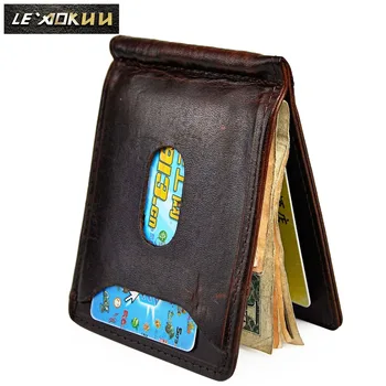 

Genuine Leather Men Magnetic Money Clip Gift Wallet Card Photo Holder Case Design Front Pocket Wallet Mini Purse Male 1098-c