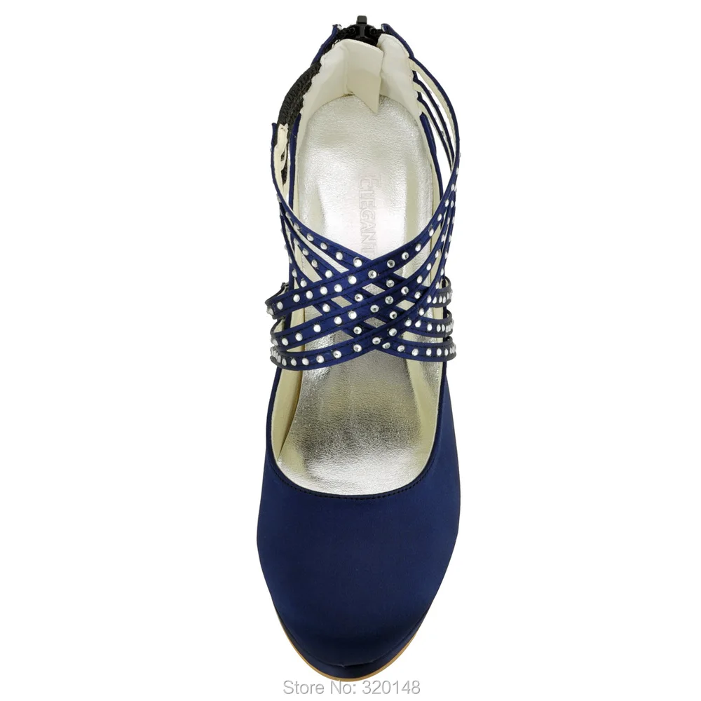 Женская обувь высокого туфли-лодочки на каблуке и платформе для выпускного вечера вечерние с перекрестными ремешками с кристаллами, атласное Женская Свадебная обувь EP11085 белого цвета и цвета слоновой кости, темно-синий