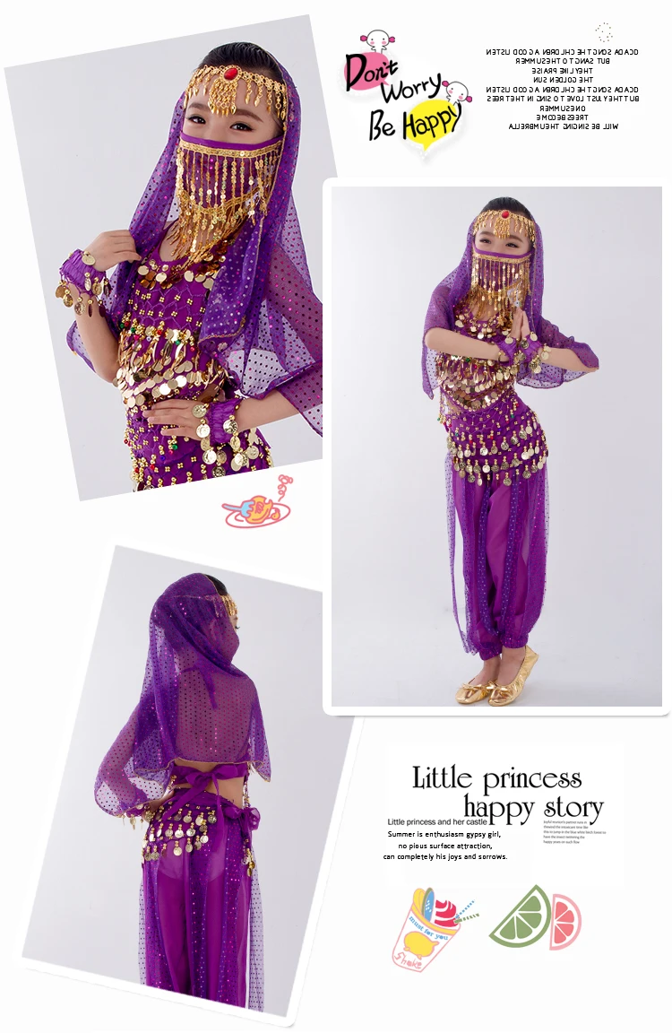 Танец живота Костюм для детей девочек восточный индийский Египетский костюм платье танец живота Болливуд костюмы топ брюки пояс вуаль