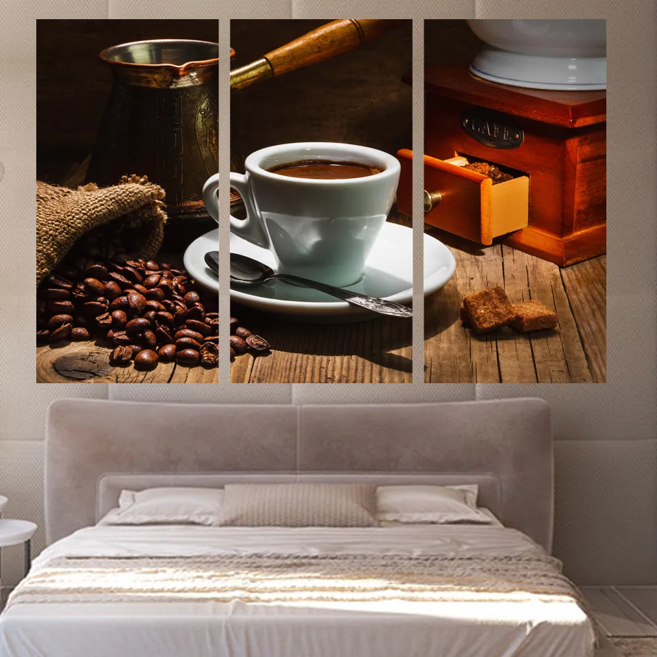 3 Panels Canvas Art Coffe Beans Cup Position Home Decor Wall Art