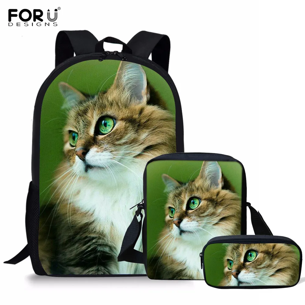 

FORUDESIGNS 3Pcs/Set School Backpack Fluffy Cat with Green Eyes Girls Children Orthopedics Rucksack Bookbag Mochilas Mujer 2019