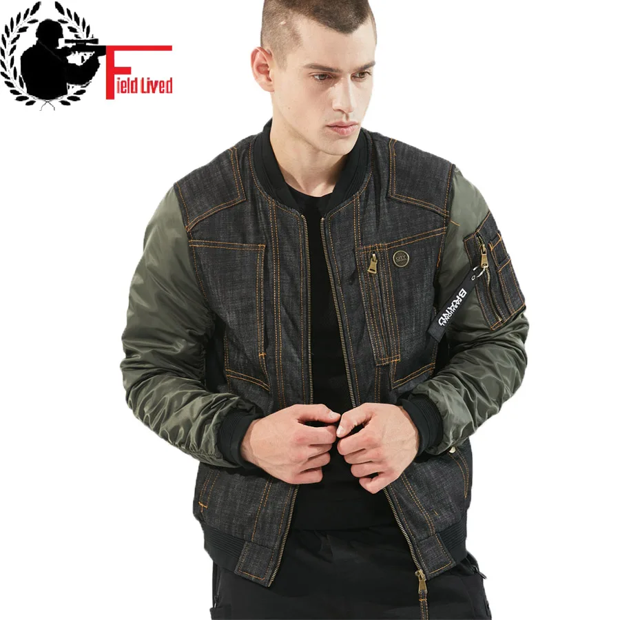 

Fashion Denim Men Stand Collor Overcoat Pocket Patchwork Designs Stylish Autumn Jeans Bomber Jacket Male Pilot Windbreaker Coat