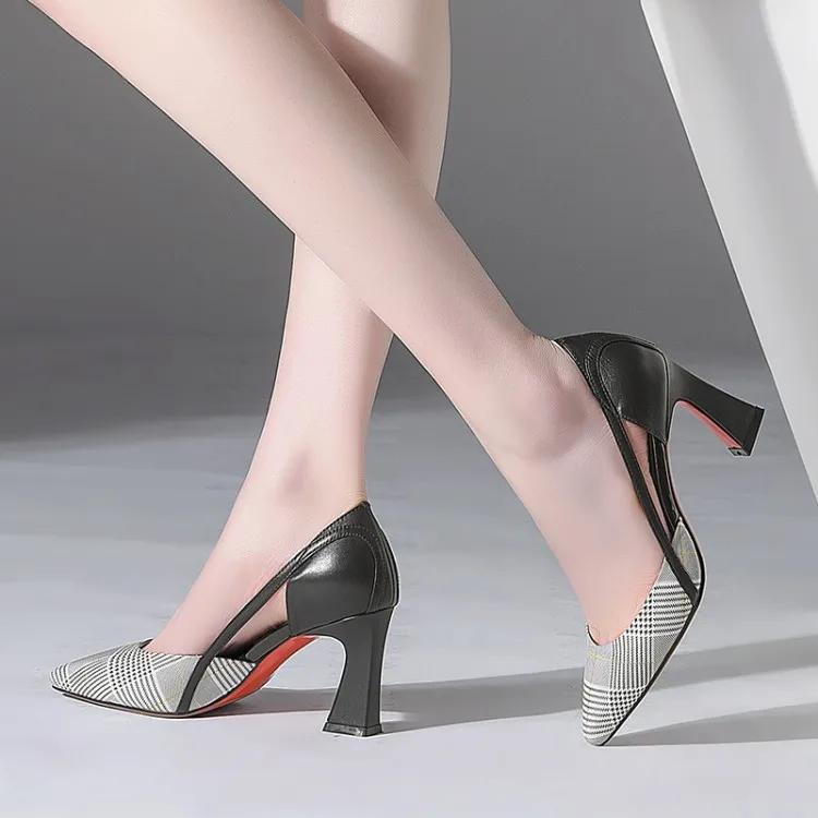 

European station fashion plaid color matching hollow single shoes spring and summer new pointed high heels leather toe shoe.
