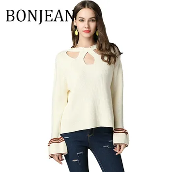 

BONJEAN 2019 Autumn Tops and Pullovers Flare Sleeve Knitted Sweater for Women Hollow Out Beige Sweaters and Pullovers BJ1479