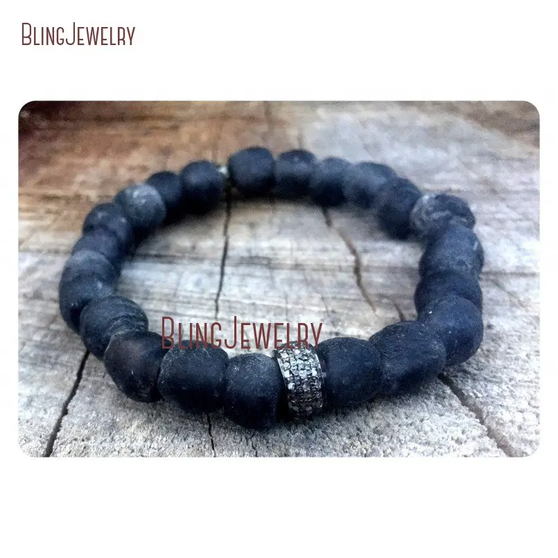 20180321-BM10798-Vintage Recycled African Trade Glass Tribal Paired With Genuine Pave Diamonds Sterling Silver Zen Yoga Boho Festival Stone Stack Bracelet_2