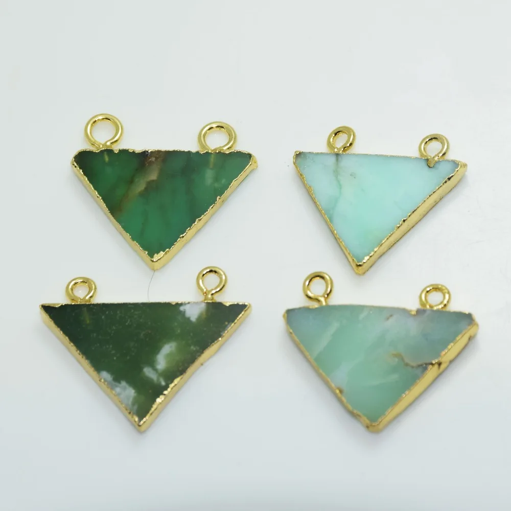 

5ps Green 2 loops Triangle Natural Australian stone charm pendant for necklace gold bezel marble raw Chrysoprase connector