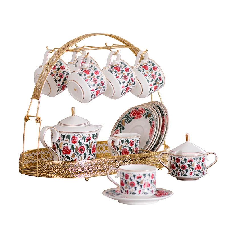 Clearance 15 pcs bone china Coffee Tea Set  flower designs tea Cup and Saucer Set 1 pot  1 creamer 1 sugar pot 6 cups  6 saucers 4