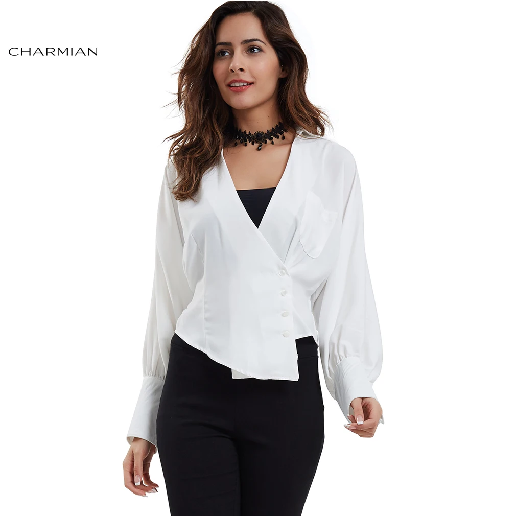 Charmian Sexy Deep V Neck Shirt for Women Fashion Autumn White Long
