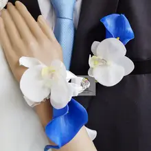 1 шт. Свадебные корсажи для жениха бутоньерка или невесты подружки невесты ручной цветок на запястье Синий Пу каллы Искусственные цветы корсаж
