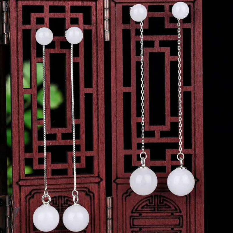 

Real 925 Sterling Silver Drop Earrings Drop Shipping Ear Pin Natural Round Jade Handmade Earrings For Women Wedding Jewelry