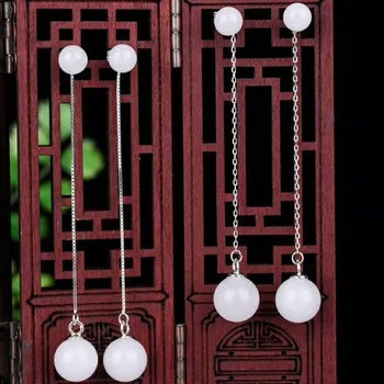 

Real 925 Sterling Silver Drop Earrings Drop Shipping Ear Pin Natural Round Jade Handmade Earrings For Women Wedding Jewelry