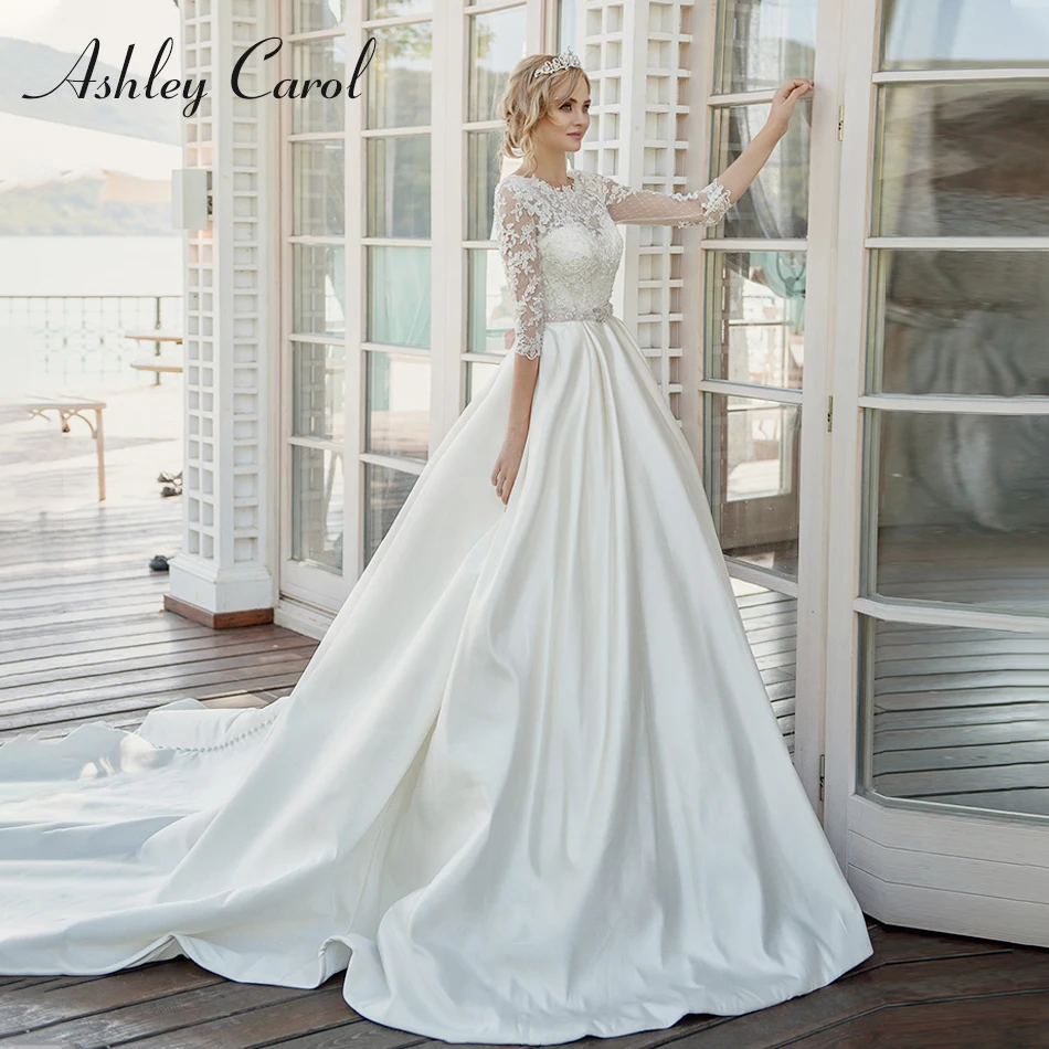 

Ashley Carol Fashion O-Neck Lace Bow Soft Satin Wedding Dress 2019 Beading Sashes Vintage Bride Dresses Illusion Wedding Gowns