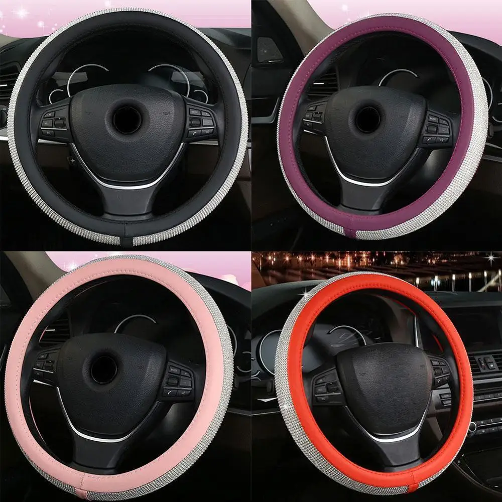 

Rhinestone Car Leather Steering Wheel Covers Cap Steering Wheel Crystal Cover Auto Car Interior Accessories For Women Girls