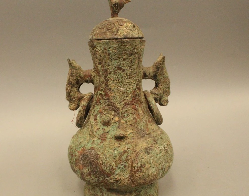 

11" Old China Chinese Dynasty Palace Bronze Beast Handle Vase Pot Jar Crock