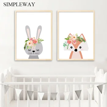 

Flower Animal Fox Bunny Picture Canvas Child Poster Baby Nursery Wall Art Print Painting Nordic Kids Baby Bedroom Decoration