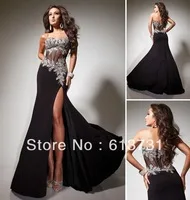 Wholesale - 2013 Black Beaded Evening Dresses Women Sexy Sweetheart Crystals Split Chiffon Corset Long Prom Dresses 113744