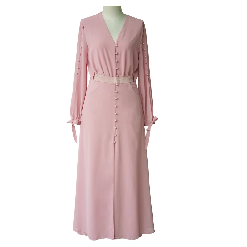 Summer Autumn Single Breasted Vintage Long Dress Elegant Pink Evening Party Maxi Dress Sexy V Neck Chiffon Dress Vestidos