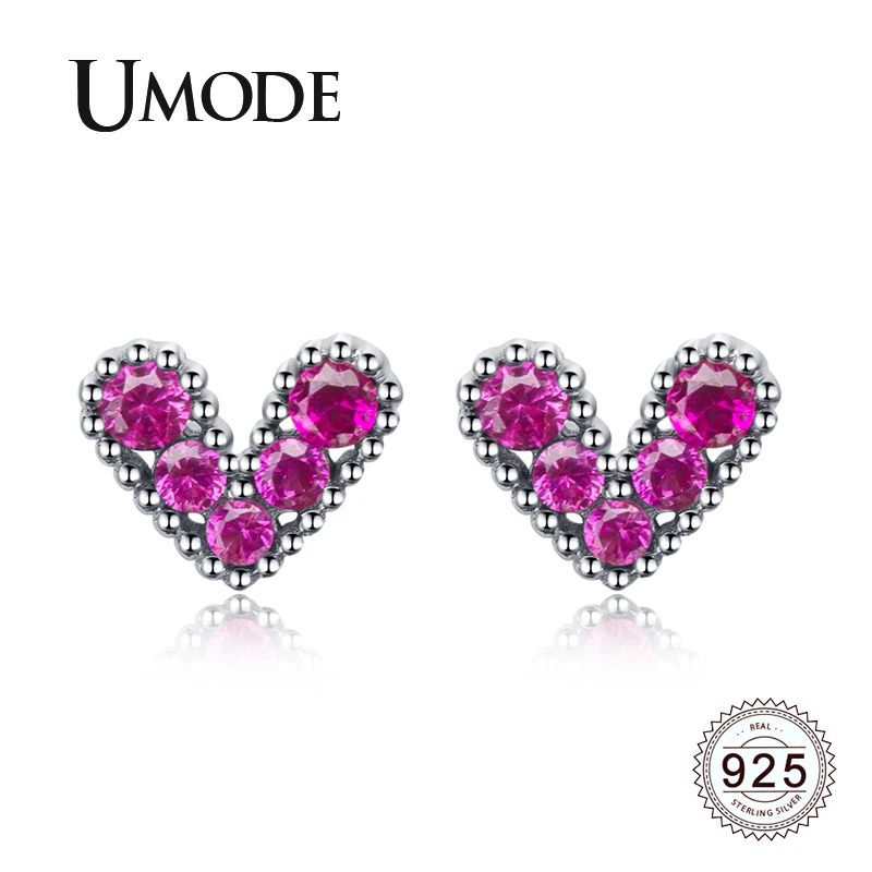 

UMODE Designer Tiny Heart s925 Stud Earrings Women Luxury 925 Sterling Silver Earrings Trendy Zircon Ruby Rose Jewelry LE0617